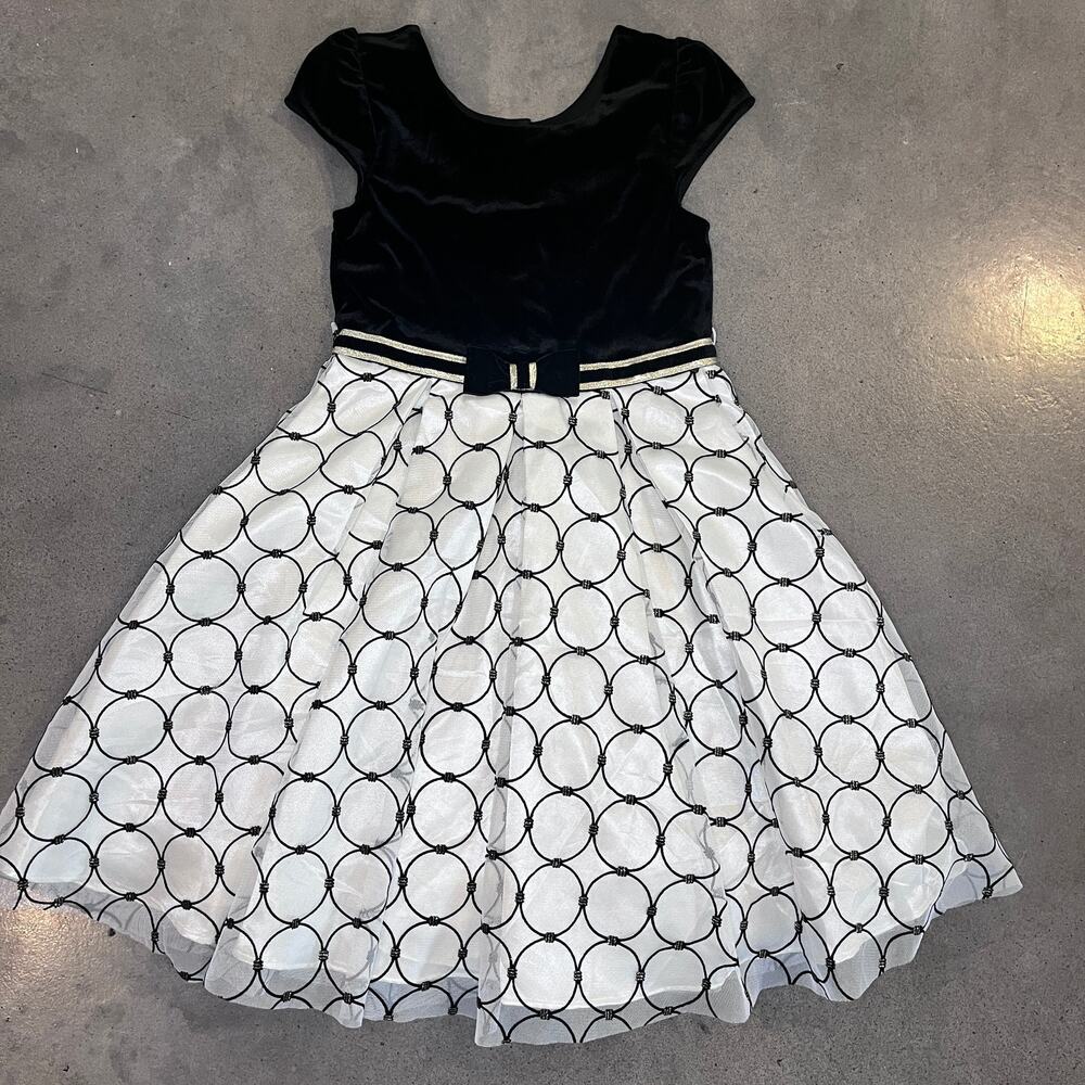 Jona Michelle Black Velvet White tool circle gold formal event dress Girls 8